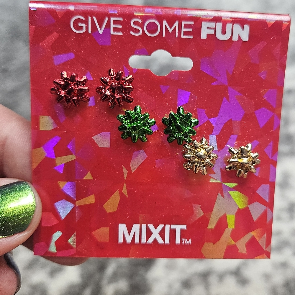 Mixit Sparkle Bow Earring Trio Fun Christmas Wrap Party Miniature